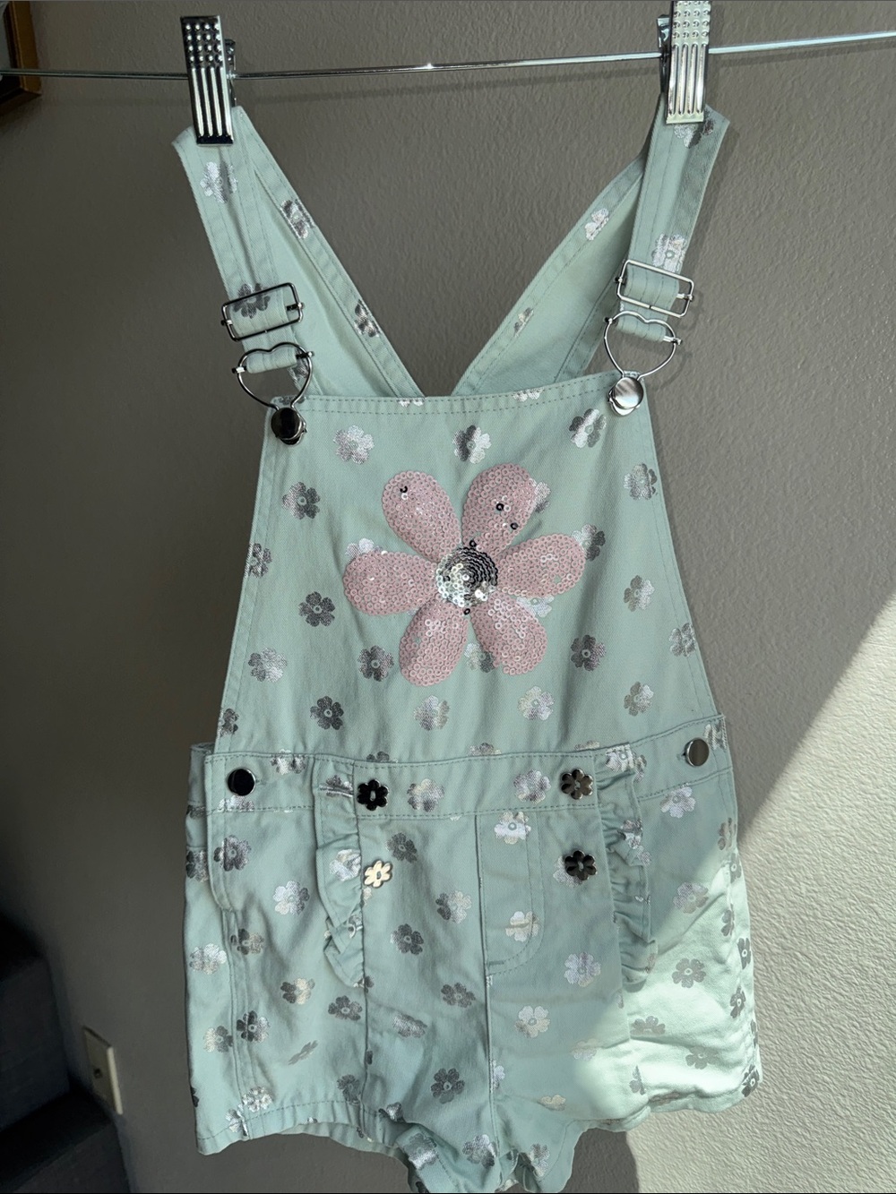 Girls' Mint Floral Sequin Overalls - Kids Bottoms